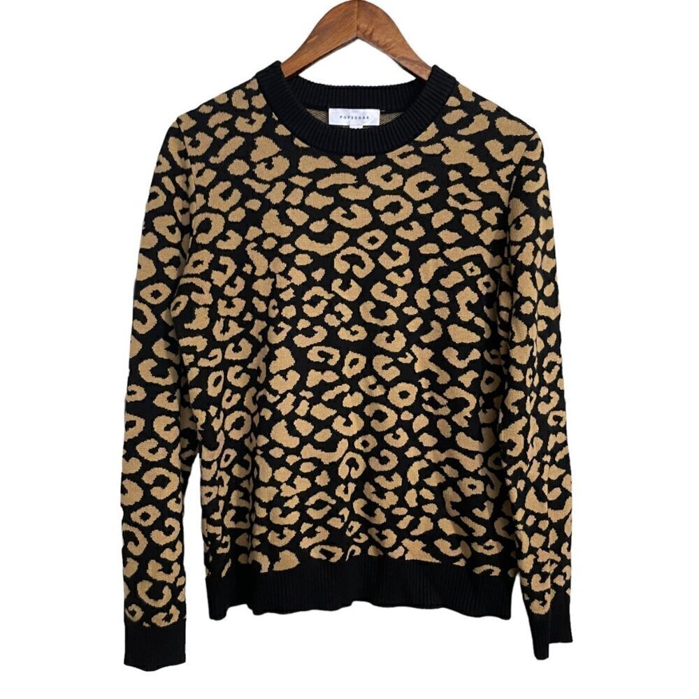 Popsugar Womens Black Leopard Animal Print Crewneck Long Sleeve Sweater Medium